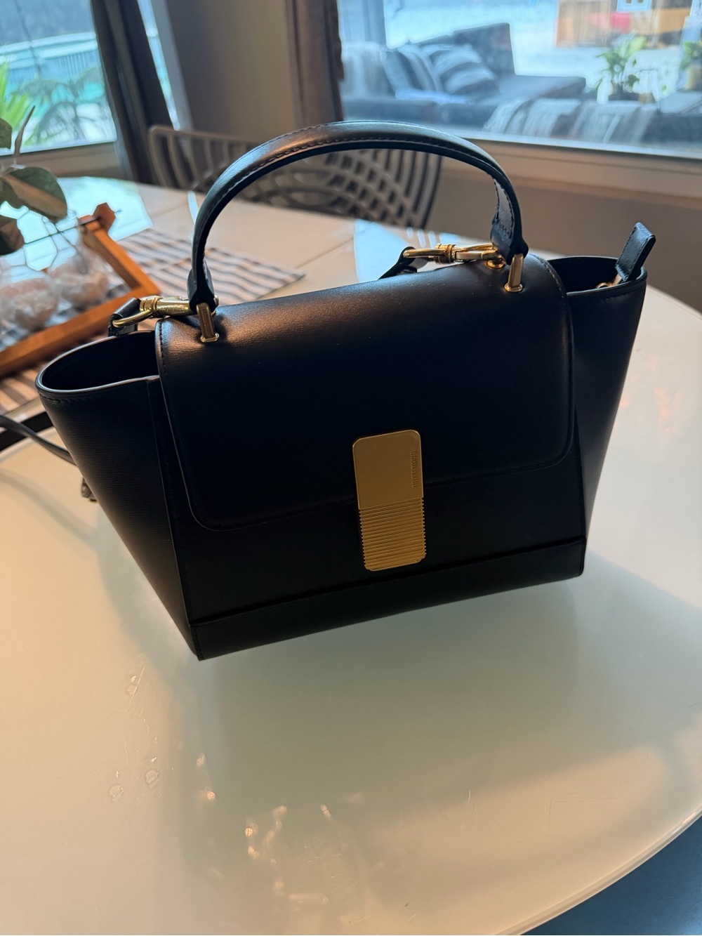 Structured Black Leather Crossbody Bag w/ Gold Accents - Mini Marley